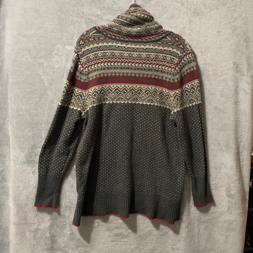 Eddie Bauer Women's Fair Isle Cowl Neck Sweater Petite Large Gray Red Cozy Boho - Picture 6 of 12